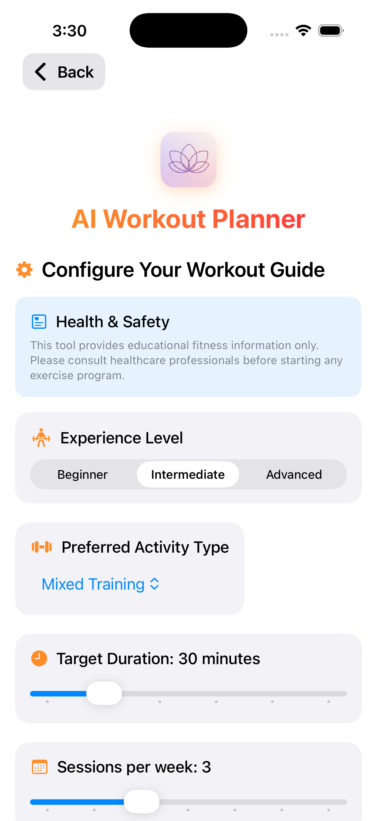 Petals AI App - Workout Planner